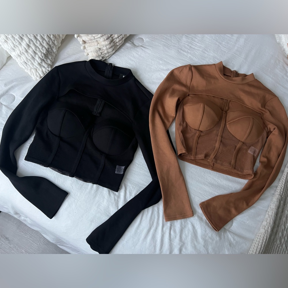 Privy Womens Corset Long Sleeve Mesh Crop Tops 2 Set Size Small